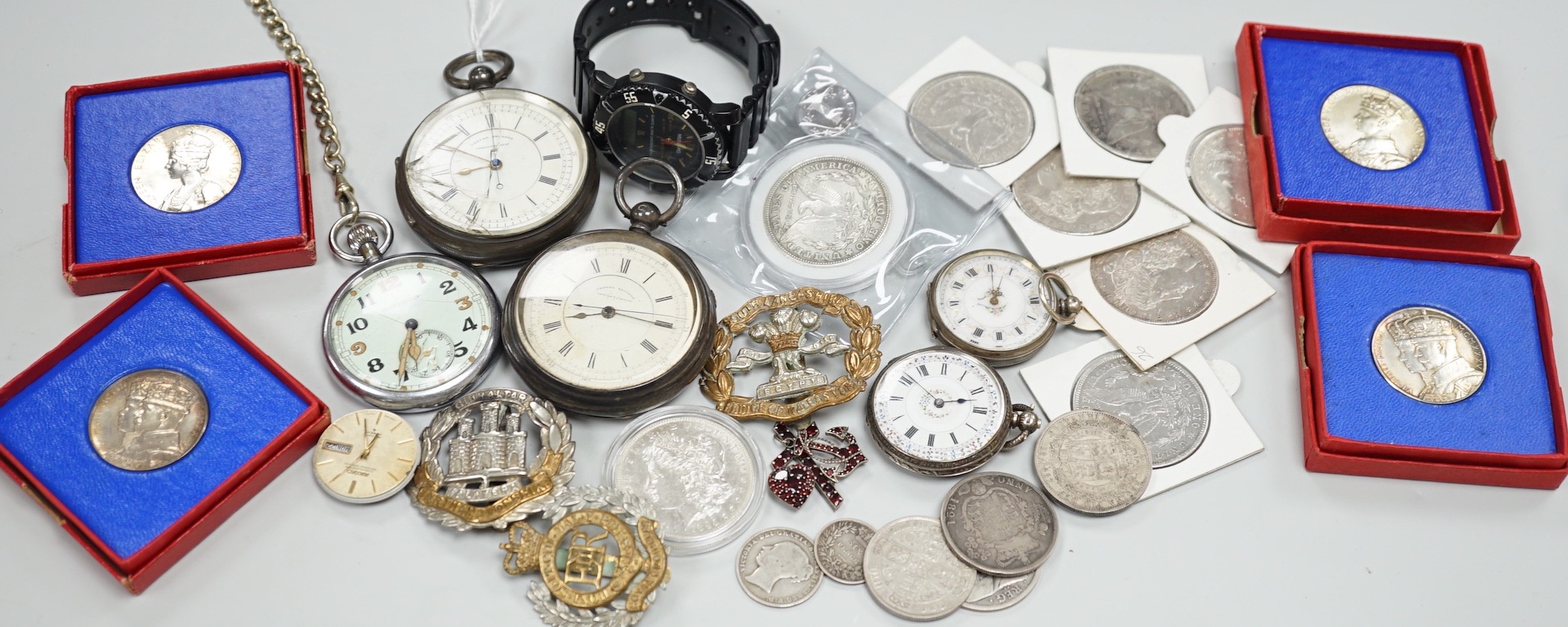 Assorted collectable items, including two silver open faced chronograph pocket watch, a chrome cased military Jaeger LeCoultre pocket watch, two wrist watches, two fob watches, assorted coins including US dollars, cap ba